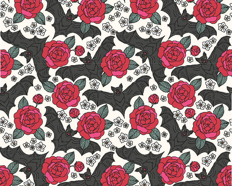 MP Digital Halloween Polycotton Bats & Roses